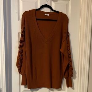 Rust V-Neck Sweater with Ruffle Sleeves